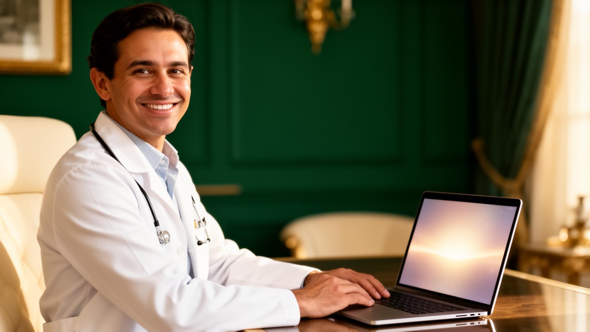 Physician working with a virtual medical scribe on a laptop